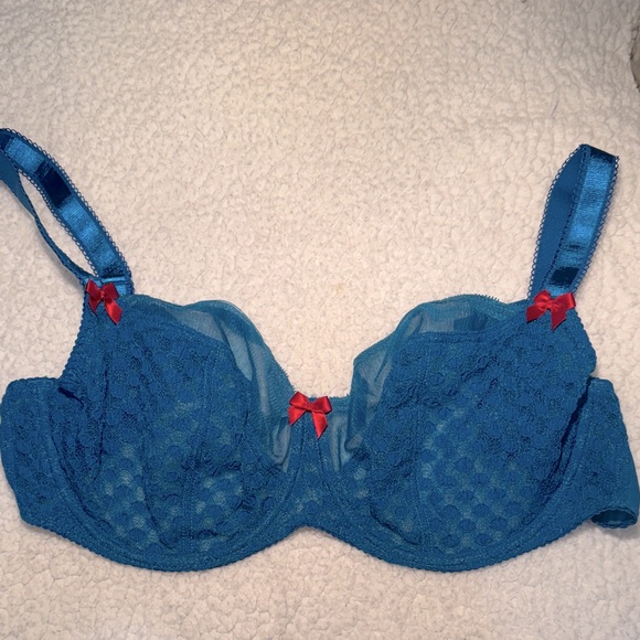 Elegant Blue Lace Bra with Red Bow Accents - Picture 1 of 2